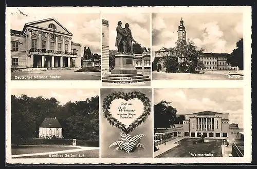 AK Weimar, Goethe und Schiller Denkmal, Deutsches Nationaltheather, Weimarhalle