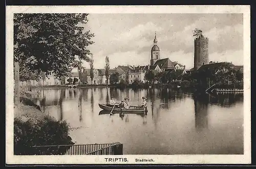 AK Triptis, Ortsansicht mit Stadteich und Ruderboot
