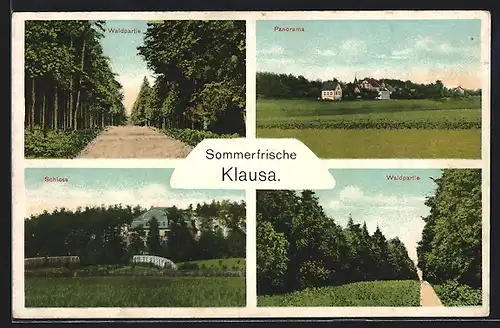 AK Klausa, Waldpartie, Schloss und Panorama des Ortes