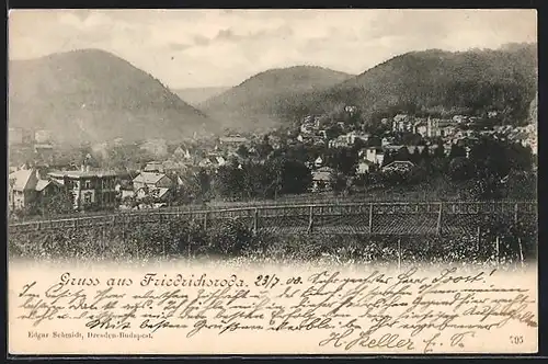 AK Friedrichroda, Ortsansicht mit Bergen und Wohnhäusern