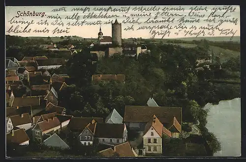 AK Schönburg, Ortsansicht aus der Vogelschau mit Burg