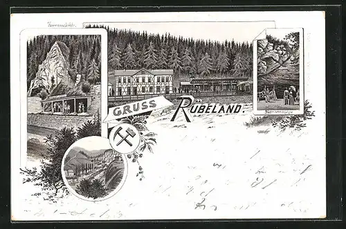 Vorläufer-Lithographie Rübeland / Harz, 1895, Hermannshöhle, Baumannshöhle, Bahnhof