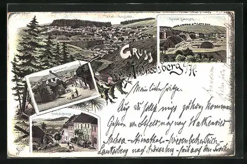 Lithographie Andreasberg i. H., Grube Samson, Herrenstrasse, Danielstrasse, Gesamtansicht, Salzbergwerk