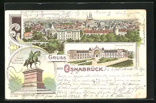 Lithographie Osnabrück, Gesamtansicht & Central-Bahnhof