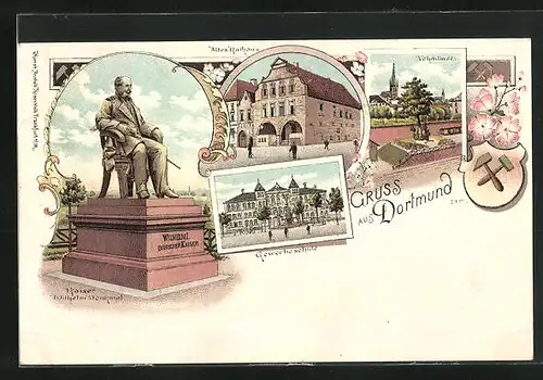 Lithographie Dortmund, Altes Rathaus, Gewerbeschule, Kaiser Wilhelm Denkmal
