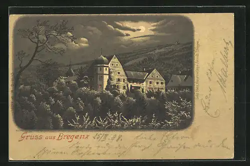 Mondschein-Lithographie Bregenz, Gebäude umgeben von Wald