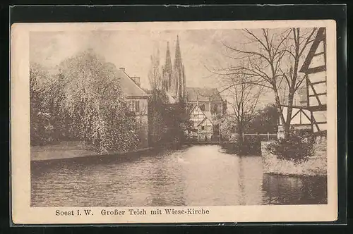 AK Soest i. W., Grosser Teich mit Wiese-Kirche
