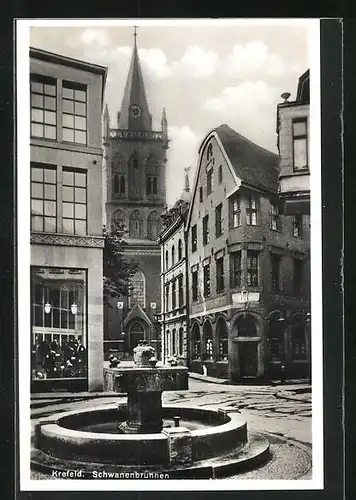 AK Krefeld, Schwanenbrunnen mit Kirche