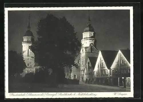 AK Freudenstadt, Blick auf evang. Stadtkirche bei Nacht