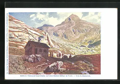 Künstler-AK Philipp + Kramer Nr. XXXI /3: Edmund Graf-Hütte auf dem Hohen Riffler in Tirol