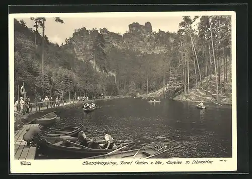 Foto-AK Walter Hahn, Dresden, Nr. 11117: Rathen a. Elbe, Amselsee m. Lokomotive, Elbsandsteingebirge