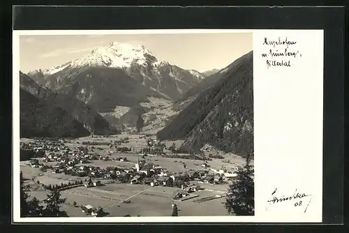 AK Hans Hruschka Nr. 08: Mayrhofen, Ortsansicht mit Grünberg, Zillertal