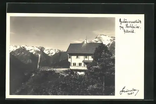 Foto-AK Hans Hruschka Nr. 1061: Gschösswandhütte gen Hochfeiler, Zillertal