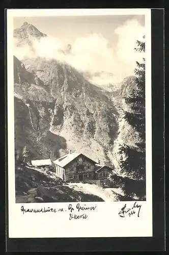Foto-AK Hans Hruschka Nr. 10753: Grawandhütte, Berghütte mit Gr. Greiner im Zillertal