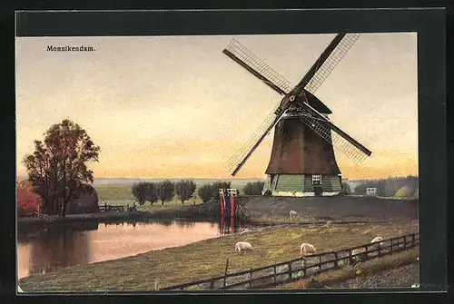 Künstler-AK Photochromie Nr. 2933: Monnikendam, Windmühle und Schafe