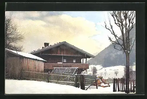 Künstler-AK Photochromie Nr. 1806: Holzhaus im schneebedeckten Tal