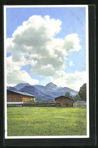 Künstler-AK Photochromie Nr. 5070: Ortspartie mit Holzhäusern in den Bergen