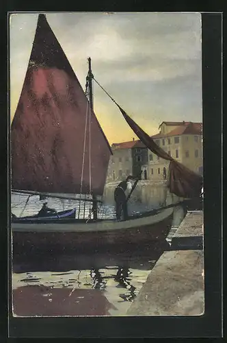 Künstler-AK Photochromie Nr. 1861: Ortspartie und Segelboot mit Mann