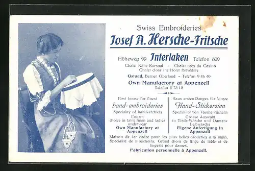 AK Interlaken, Swiss Embroideries Josef A. Hersche-Fritsche, Höheweg 99, Frau mit Stickrahmen