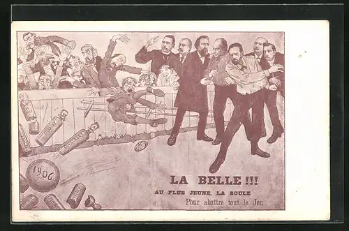 Künstler-AK Frankreich, La Belle!!!, Männer beim Kegeln, Karikaturen von Cousebant, Liebaert und Desmet