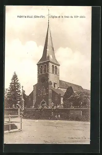 AK Pagny-la-Ville, L`Eglise et la Croix du XIIIe siecle, Kinder auf der Strasse vor der Kirche