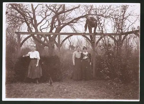 Fotografie Ansicht Güstrow, Garten der Familie Haackert, Bub klettert auf Pergola