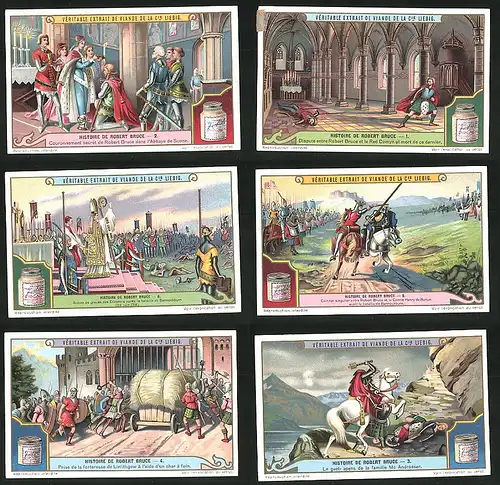 6 Sammelbilder Liebig, Serie Nr.: 1160, Histoire de Robert Bruce, Bischoff, Kopflose Reiter, Ritterspiele