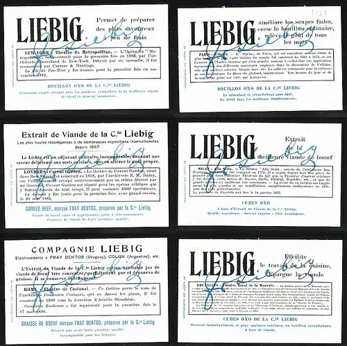 6 Sammelbilder Liebig, Serie Nr.: 1163, Théâtres d`Opéra Rennomés, Bruxelles, Milan, Paris, Rome, New York