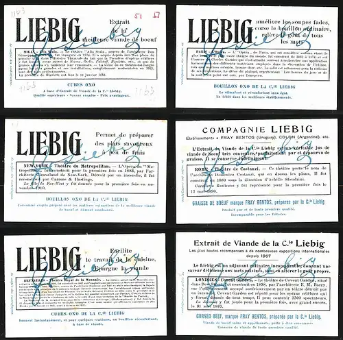 6 Sammelbilder Liebig, Serie Nr.: 1163, Théâtres d`Opéra Rennomés, Londres, Bruxelles, Milan, Paris