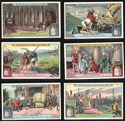 6 Sammelbilder Liebig, Serie Nr.: 1160, Historie de Robert Bruce, Ritter, Bischoff, Kopfloser Reiter