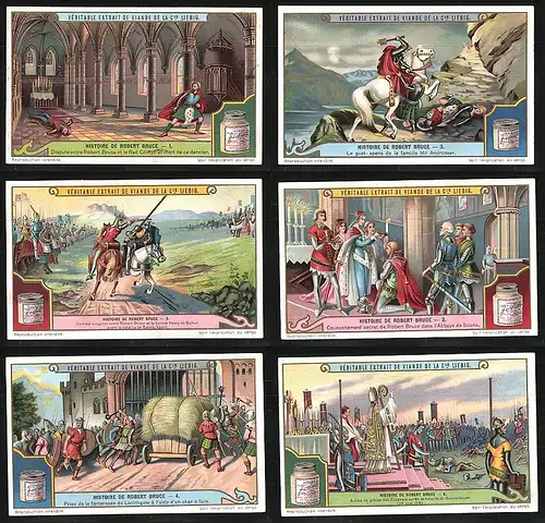 6 Sammelbilder Liebig, Serie Nr.: 1160, Histoire de Robert Bruce, Ritter, Bischoff, Kopflose Reiter