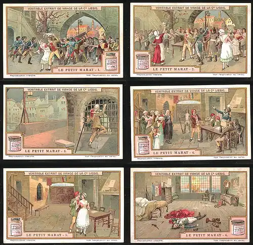 6 Sammelbilder Liebig, Serie Nr.: 1159, Le petit Marat, Gefängnis, Soldat, Tod