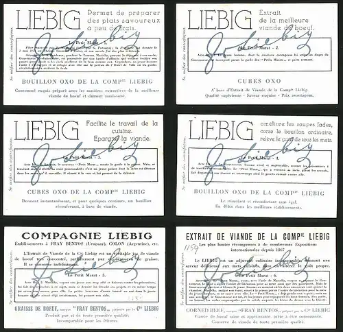 6 Sammelbilder Liebig, Serie Nr.: 1159, Le petit Marat, Gefängnis, Soldat, Tod