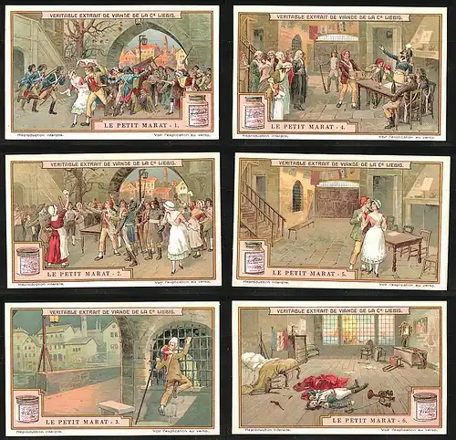 6 Sammelbilder Liebig, Serie Nr.: 1159, Le petit Marat, französciher Soldat, Gefängnis, Tod