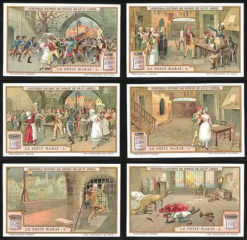 6 Sammelbilder Liebig, Serie Nr.: 1159, Le petit Marat, Gefängnis, französishcer Soldat, Tod