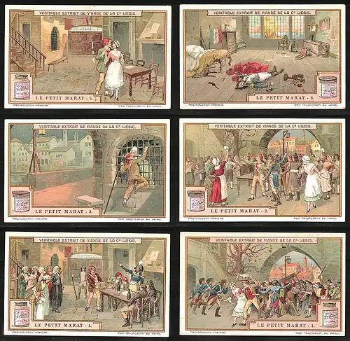 6 Sammelbilder Liebig, Serie Nr.: 1159, Le petit Marat, Tod, Gefängnis, französischer Soldat