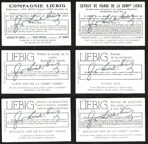 6 Sammelbilder Liebig, Serie Nr.: 1159, Le petit Marat, Tod, Gefängnis, französischer Soldat