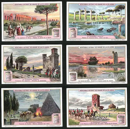 6 Sammelbilder Liebig, Serie Nr.: 1136, La Campagne romaine, Hund, Pferd, Sonnenuntergang, Pyramide, Wildschwein