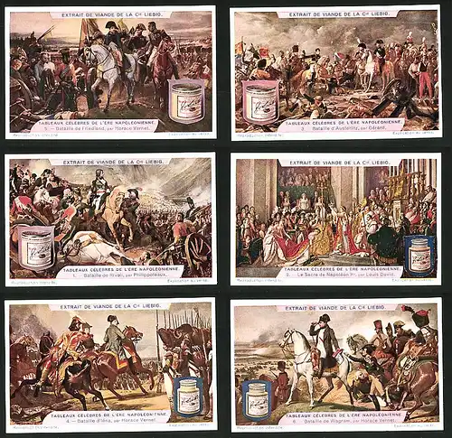 6 Sammelbilder Liebig, Serie Nr.: 1201, Tableaux célébres de l`ére Napoléonienne, Soldaten, Pferd, Waffen, Papst