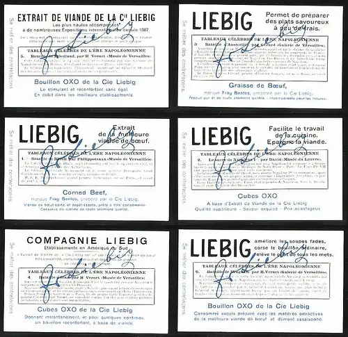 6 Sammelbilder Liebig, Serie Nr.: 1201, Tableaux célébres de l`ére Napoléonienne, Soldaten, Pferd, Waffen, Papst