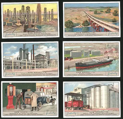 6 Sammelbilder Liebig, Serie Nr.: 1298, Das Edöl, Bohrtürme, Leitungen, Raffinerie, Destillation, Hafen, Tankstelle