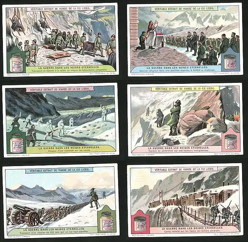 6 Sammelbilder Liebig, Serie Nr.: 1179, La Guerre dans les Neiges eternelles, Soldaten, Schnee, Artillerie, Nacht