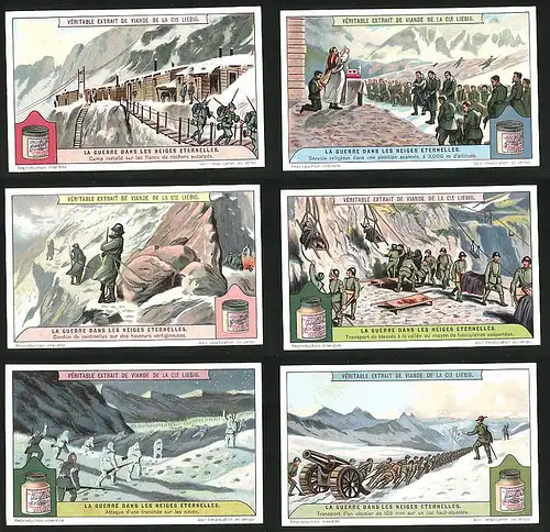 6 Sammelbilder Liebig, Serie Nr.: 1179, La Guerre dans les Neiges eternelles, Soldaten, Schnee, Artillerie, Nacht
