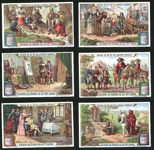 6 Sammelbilder Liebig, Serie Nr.: 1148, Scénes de la vie de peintres célébres, Henri VIII, Salvator Rosa, Van Dyck