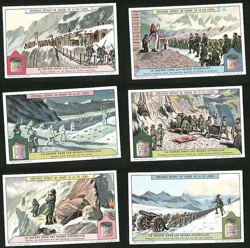 6 Sammelbilder Liebig, Serie Nr.: 1179, La Guerre dans les neiges Eternelles, Artiellerie, Soldaten, Schnee, Nacht