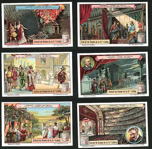 6 Sammelbilder Liebig, Serie Nr.: 1169, Néron Opera de Boito, Theater, Feuer, Tempel, Soldaten, König, Nacht