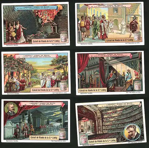6 Sammelbilder Liebig, Serie Nr.: 1169, Néron Opera de Boito, Theater, Feuer, Tempel, Soldaten, König, Nacht