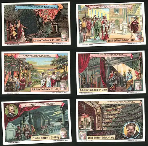 6 Sammelbilder Liebig, Serie Nr.: 1169, Néron Opera de Boito, Theater, Feuer, Tempel, Soldaten, König, Nacht