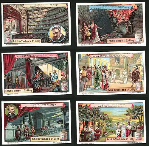 6 Sammelbilder Liebig, Serie Nr.: 1169, Néron Opera de Boito, Theater, Feuer, Tempel, Soldaten, König, Toscanini
