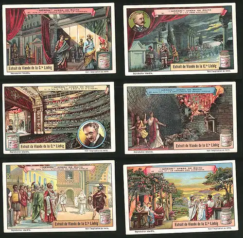 6 Sammelbilder Liebig, Serie Nr.: 1169, Néron Opera de Boito, Theater, Feuer, Tempel, Soldaten, Toscanini, Arrigo Boito